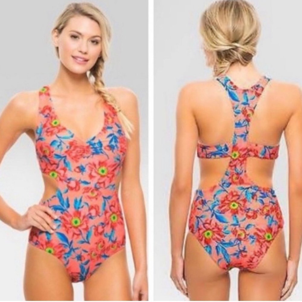 Tori Praver Cut Out Pink Floral One Piece Swimsuit | XL